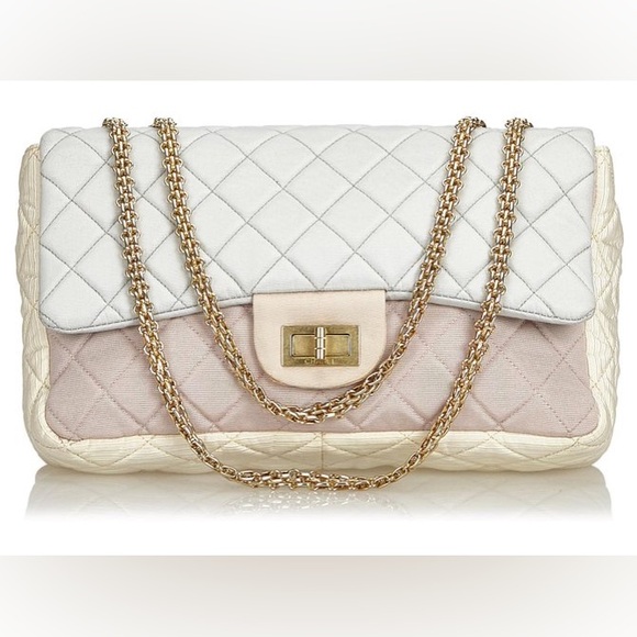 CHANEL Grosgrain Satin Tricolor 2.55 Reissue Flap Gray Pink White - Picture 4 of 10